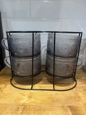 Set of 4 Embossed Glass Mugs with Black Metal Holder - Smoky Gray